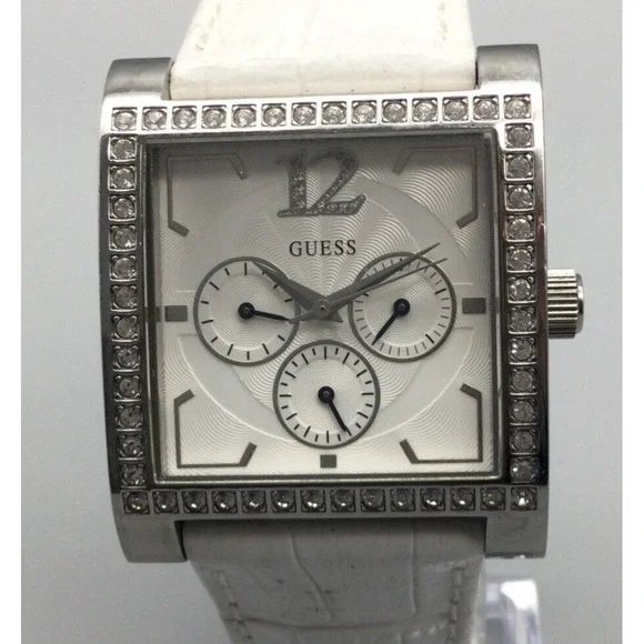 Guess Watch Women Silver Tone 37mm Square Pave White Leather Band New Battery - Picture 1 of 13